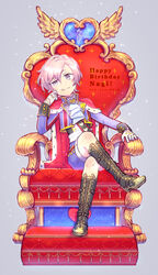  1boy :p ascot boots cape commentary_request crossed_legs dated full_body gloves happy_birthday highres inugoya1058 male_focus mikado_nagi pink_hair purple_eyes shorts sitting smile solo sparkle throne tongue tongue_out uta_no_prince-sama white_gloves 