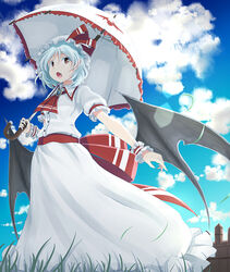  ascot bat_wings blue_hair blue_sky bow brooch brown_eyes cloud commentary_request day dress duplicate female grass hat hat_ribbon jewelry looking_at_viewer mob_cap oerba_yun_fang opanchu_(hakusen) open_mouth outdoors parasol pixel-perfect_duplicate pointy_ears puffy_short_sleeves puffy_sleeves red_eyes remilia_scarlet ribbon scarlet_devil_mansion short_sleeves sky touhou umbrella white_dress wings wrist_cuffs 