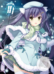  :d blue_capelet blue_coat blue_hat blush capelet coat copyright_name cowboy_shot da_capo da_capo_iii da_capo_iii_with_you female floating_hair flower fur_trim gloves green_gloves grey_hair hair_between_eyes hair_flower hair_ornament hat highres holding_hands long_hair looking_at_viewer miniskirt open_mouth outdoors pleated_skirt rukawa_sara scarf skirt smile snow snowing standing takano_yuki_(allegro_mistic) thighhighs twintails very_long_hair white_legwear yellow_eyes zettai_ryouiki 