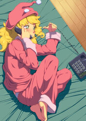  barefoot bed blonde_hair blush commentary_request corded_phone female green_eyes hat lying mega_man_(series) mega_man_legends_(series) messy_hair on_side pajamas panties phone polka_dot polka_dot_panties rog_rockbe roll_caskett_(mega_man) smile underwear 