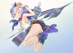  ;q ass azur_lane bangle bare_shoulders black_ribbon black_skirt black_socks blush boots bracelet breasts camisole closed_mouth commentary_request crown female green_eyes hair_ribbon holding holding_weapon javelin_(azur_lane) javelin_(spear) jewelry kneehighs looking_at_viewer looking_to_the_side medium_breasts mini_crown name_connection object_namesake one_eye_closed pachi_(sugiyama0306) panties purple_footwear purple_hair ribbon skirt smile socks solo thighs tongue tongue_out underwear weapon white_camisole white_panties 