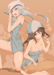  2girls bare_shoulders blue_hat breasts brown_background cleavage closed_mouth commentary dixie_cup_hat flint_(girls_und_panzer) girls_und_panzer grey_eyes grey_hair hat highres holding holding_instrument holding_microphone instrument invisible_chair kantele large_breasts lens_flare light_particles long_hair looking_at_viewer microphone mika_(girls_und_panzer) military_hat multiple_girls muteki_soda naked_towel on_one_knee one_eye_closed open_mouth pinky_out sauna shadow sitting skindentation smile steam towel tulip_hat white_hat 