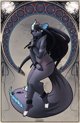  2015 ankle_cuffs anthro art_nouveau black_hair blue_body blue_skin breasts chains cuff_(restraint) digital_media_(artwork) faedora featureless_breasts female fur grey_body grey_fur hair hi_res horn jackthekipper long_hair looking_at_viewer mammal moon navel navel_piercing nude open_mouth piercing red_eyes restraints shackles solo star tail tail_mouth tailmouth_(species) tokaido tongue tongue_out unknown_species unusual_anatomy unusual_tail 