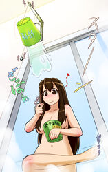  :t akagi_(kancolle) barefoot blush breasts brown_eyes brown_hair bucket commentary_request eating eighth_note female from_below gochou_(kedama) highres kantai_collection long_hair musical_note nude photoshop_(medium) prank showering smile solo 