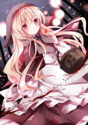  apron bad_id bad_pixiv_id basket blonde_hair blood cape commentary_request female hood knife little_match_girl long_hair long_sleeves looking_at_viewer matches nanase_nao original pink_eyes solo very_long_hair 