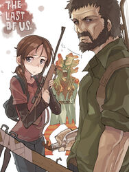  1boy :t animification bad_id bad_pixiv_id beard brown_hair clicker_(the_last_of_us) copyright_name double_v ellie_(the_last_of_us) facial_hair female gun joel_(the_last_of_us) layered_sleeves long_sleeves manly molotov_cocktail open_mouth osuman_toruko rifle shirt short_over_long_sleeves short_sleeves t-shirt the_last_of_us the_last_of_us_(series) v weapon 