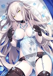  ahoge alexandrite_(gemstone) artoria_pendragon_(fate) artoria_pendragon_(lancer_alter)_(fate) artoria_pendragon_(lancer_alter)_(royal_icing)_(fate) artoria_pendragon_(lancer_alter)_(royal_icing)_(fate)_(cosplay) babydoll bare_shoulders black_panties blue_babydoll blue_flower blue_rose blush bracelet breasts choker closed_mouth clothes_tug collarbone commentary_request cosplay fate/grand_order fate_(series) female flower garter_belt gloves grey_hair highres jeanne_d&#039;arc_alter_(avenger)_(fate) jeanne_d&#039;arc_alter_(fate) jewelry large_breasts long_hair looking_at_viewer lying navel necklace on_back panties purple_gloves purple_thighhighs rin_yuu rose see-through sitting solo stomach thighhighs thighs tsurime underwear yellow_eyes 