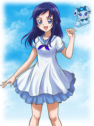  :d blue_eyes blue_hair blue_neckwear blue_ribbon blue_sailor_collar collarbone commentary_request dokidoki!_precure dress female hanzou hishikawa_rikka long_hair looking_at_viewer neck_ribbon open_mouth precure rakeru_(dokidoki!_precure) ribbon sailor_collar short_dress short_sleeves smile solo standing swept_bangs white_dress 