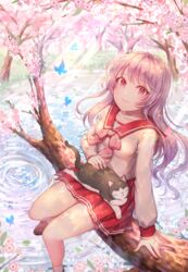  animal animal_on_lap arm_at_side bad_id bad_pixiv_id bow bowtie breasts brown_footwear bug butterfly cat_on_lap closed_mouth day eyelashes feet_out_of_frame feline female flower forest grass himekawa_kotone in_tree lake leaf light_purple_hair light_rays loafers long_hair long_sleeves medium_breasts miniskirt nature on_lap outdoors ozzingo petals petals_on_liquid pink_bow pink_bowtie pink_eyes plant pleated_skirt purple_hair red_skirt ripples sailor_collar school_uniform serafuku shirt shoes sitting sitting_in_tree skirt smile socks solo sunbeam sunlight to_heart to_heart_(series) tree water white_shirt white_socks 