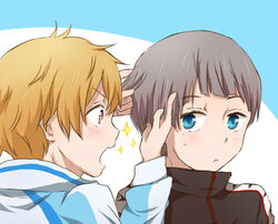  2boys bad_id bad_pixiv_id blonde_hair blue_eyes blush free! glint grey_hair hand_in_another&#039;s_hair hazuki_nagisa jacket kayabukiyane male_focus mole mole_under_eye multiple_boys nitori_aiichirou open_mouth purple_eyes sparkle sweat track_jacket 