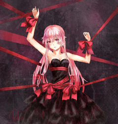  armpits bondage bondage bound breasts cleavage dress female female gasai_yuno hair_ribbon hair_ribbons long_hair mirai_nikki pink_eyes pink_hair ribbon solo teka 