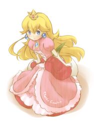  blonde_hair blue_eyes commentary_request crown dress earrings female fujiymn gloves jewelry long_dress long_hair mario_(series) pink_dress princess_peach sitting solo sphere_earrings 