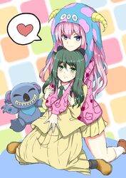  2girls animal_ears black_hair blue_eyes blush cardigan commentary_request fake_animal_ears green_eyes heart highres horns jacket kuroki_tomoko long_hair long_skirt long_sleeves multiple_girls necktie nemoto_hina pink_hair skirt smile spoken_heart taniya watashi_ga_motenai_no_wa_dou_kangaetemo_omaera_ga_warui! yellow_skirt 