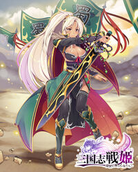  :| azma_(mitch55) black_legwear boots breasts brown_eyes cleavage closed_mouth cloud commentary_request dark_skin day female flag high_ponytail holding holding_sword holding_weapon jewelry knee_boots large_breasts long_sleeves looking_at_viewer official_art outdoors sangokushi_senhime standing sword thighhighs watermark weapon white_hair 