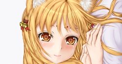  animal_ear_fluff animal_ears bad_id bad_pixiv_id bed_sheet bell blonde_hair blush dakimakura_(medium) emil_chronicle_online female fox_ears hair_bell hair_ornament hair_ribbon light_smile loki_alma long_hair looking_at_viewer ribbon solo tenyoshi_(briansept) yellow_eyes 