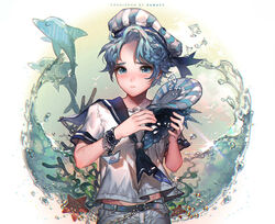  1boy air_bubble beamed_eighth_notes belt blue_eyes blue_hair blush bubble commentary_request cookie_run denim dolphin eighth_note humanization kawacy male_focus musical_note paper_boat_sailor peppermint_cookie sailor short_sleeves solo underwater 