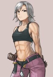  abs arm_behind_back azee_gurumin belt breasts clenched_hand commentary_request dark-skinned_female dark_skin female gloves grey_hair gundam gundam_tekketsu_no_orphans looking_at_viewer midriff muscular muscular_female navel obliques ranma_(kamenrideroz) short_hair simple_background small_breasts solo sports_bra unbuckled 