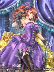  artist_name bow breasts cleavage coin commentary_request crown curtains drill_hair female force_of_will gem glasses gloves hat jewelry kamijororo large_breasts long_hair necklace official_art orange_hair solo sparkle staff thighhighs yellow_eyes 