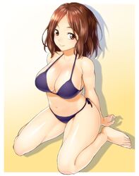  amakata_miho arm_support arms_behind_back back bad_id bad_pixiv_id barefoot bikini black_bikini breasts brown_eyes brown_hair cleavage commentary_request female free! full_body gradient_background large_breasts navel onsoku_inu paint.net_(medium) shiny_skin short_hair side-tie_bikini_bottom simple_background sitting smile solo strap_gap swimsuit wariza yellow_background 