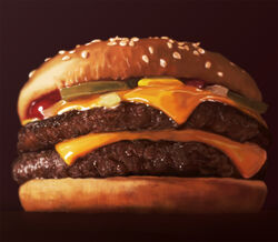  black_background burger cheese commentary_request food food_focus humohumoelmo ketchup mustard no_humans onion original pickle realistic simple_background 