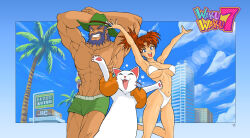  1boy bikini character_request closed_eyes cloud commentary copyright_name english_commentary feline female freckles hat highres inflatable_armbands muscular muscular_male one_eye_closed open_mouth palm_tree swimsuit system_st91 tree waku_waku_7 white_bikini white_cat 