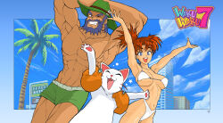  1boy bikini character_request closed_eyes cloud commentary copyright_name english_commentary feline female freckles hat highres inflatable_armbands muscular muscular_male one_eye_closed open_mouth palm_tree swimsuit system_st91 tree waku_waku_7 white_bikini white_cat 