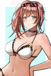  absurdres bikini bikini_top_only blush breasts brown_hair cleavage collarbone commentary eyewear_on_head female girls&#039;_frontline green_eyes hand_on_own_hip highres large_breasts long_hair looking_at_viewer navel official_alternate_costume r93_(girls&#039;_frontline) r93_(holiday_lucky_star)_(girls&#039;_frontline) sellf simple_background solo sunglasses swimsuit white_bikini 