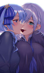  2girls absurdres aogami_high_school_uniform asymmetrical_docking black_serafuku blue_eyes blue_hair blush bow breast_press breasts candy chocolate food green_eyes grey_hair hairbow heart heart-shaped_chocolate highres hololive hololive_error hoshimachi_suisei large_breasts looking_at_viewer medium_hair mouth_hold multiple_girls open_mouth otk school_uniform serafuku shirogane_noel side_ponytail simple_background small_breasts smile upper_body valentine virtual_youtuber white_background yuri 