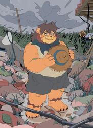  2022 anthro bonbonbear bottomwear brown_nose clothing cloud cute_fangs detailed_background felid hat headgear headwear humanoid_hands kemono lion male mammal outside overweight overweight_male pantherine shirt shorts solo straw_hat topwear tuokemao 