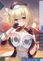  3: absurdres against_fourth_wall azur_lane bare_shoulders black_bra black_gloves black_hat blonde_hair blush bra breast_press breasts cleavage closed_mouth commentary_request commission cross detached_sleeves dress elegant_(sumisumi4268) fake_screenshot female fourth_wall gloves hair_between_eyes hair_bun hair_ribbon half_gloves hands_up hat heart heart-shaped_pupils highres iron_cross large_breasts leipzig_(azur_lane) leipzig_(retrofit)_(azur_lane) looking_at_viewer ribbon see-through short_hair sidelocks single_hair_bun single_side_bun skeb_commission sleeveless sleeveless_dress solo standing sunset sweat symbol-shaped_pupils two-tone_dress underwear upper_body user_interface wet wet_clothes wet_dress white_dress white_ribbon 