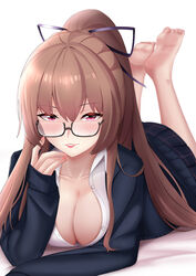  azur_lane barefoot black_ribbon blue_jacket blue_skirt braid breasts chinese_commentary cleavage commentary_request crown_braid feet female glasses hair_ribbon highres jacket large_breasts legs lenxiao light_brown_hair long_hair looking_at_viewer lying mole mole_under_mouth official_alternate_costume on_stomach partially_unbuttoned pleated_skirt purple_eyes ribbon shirt simple_background skirt solo swiftsure_(azur_lane) swiftsure_(study_hall_cyclamen)_(azur_lane) the_pose twirling_hair very_long_hair white_background white_shirt 