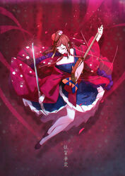  bare_shoulders breasts brown_hair choker dango_hair_ornament diestren female flower food-themed_hair_ornament frilled_choker frills hair_flower hair_ornament heart heart_hair highres instrument japanese_clothes kimono large_breasts long_hair off_shoulder red_eyes shamisen sword weapon yuugiri_(zombie_land_saga) zombie_land_saga 