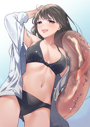  bikini black_bikini black_hair breasts brown_eyes cleavage cocoa_(cafe-hotcocoa) commentary_request cowboy_shot drawstring female highres innertube jacket long_hair looking_at_viewer medium_breasts navel open_clothes open_jacket original smile solo standing swim_ring swimsuit white_jacket 