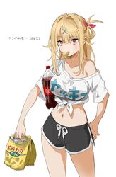  ahoge alternate_costume alternate_hairstyle bad_id bad_twitter_id blonde_hair breasts chips_(food) coca-cola commentary_request eating female food h_(eitilog) hair_ornament hair_ribbon heterochromia highres hoshikawa_sara large_breasts midriff navel nijisanji potato_chips red_eyes ribbon shirt solo tied_shirt translation_request virtual_youtuber white_background x_hair_ornament yellow_eyes 