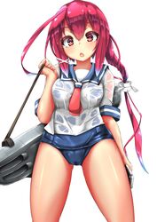  ass_visible_through_thighs blush breasts cellphone cowboy_shot female hair_ribbon highres i-168_(kancolle) kantai_collection long_hair machinery no_pants old_school_swimsuit one-piece_swimsuit open_mouth phone pink_hair ponytail red_eyes ribbon school_swimsuit school_uniform serafuku serasuku small_breasts smartphone swimsuit swimsuit_under_clothes torpedo_launcher unomi wet wet_clothes white_background 