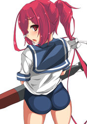  ass blush cowboy_shot female from_behind hair_ornament hair_ribbon i-168_(kancolle) kantai_collection long_hair looking_back one-piece_swimsuit open_mouth pink_hair ponytail red_eyes red_hair ribbon school_swimsuit school_uniform serafuku serasuku solo swimsuit swimsuit_under_clothes torpedo unomi white_background 