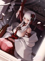  alternate_breast_size arrow_(projectile) bare_shoulders black_survival blunt_bangs blush bow_(weapon) breasts closed_eyes closed_mouth commentary_request day detached_sleeves dutch_angle eternal_return:_black_survival female flower hair_flower hair_ornament hakama hands_on_lap huge_weapon japanese_clothes kimono large_breasts letdie1414 long_sleeves minami_rio nontraditional_miko official_alternate_costume open_clothes outdoors own_hands_together petals quiver red_flower red_hakama seiza short_hair_with_long_locks shrine sideboob sidelocks sitting sleeveless sleeveless_kimono solo tassel weapon white_hair white_kimono wide_sleeves 