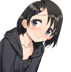  black_hair blue_eyes blush collarbone commentary djheycha female hair_ornament hairclip highres hood hoodie idolmaster idolmaster_cinderella_girls no_bra parted_bangs sasaki_chie short_hair simple_background smile solo upper_body white_background 