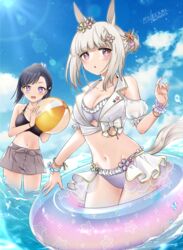  2girls :o absurdres animal_ears artist_name asymmetrical_bangs ball bare_shoulders beachball bikini black_hair blue_hair blush bracelet breasts brown_hair cleavage clothing_cutout cloud collarbone commentary_request cropped_jacket day frilled_bikini frills groin hair_between_eyes hair_ornament hairclip happy_meek_(umamusume) highres holding holding_ball horse_ears horse_girl horse_tail innertube jewelry kiryuuin_aoi lens_flare looking_at_viewer male_swimwear medium_breasts multiple_girls navel open_mouth outdoors pink_hair purple_eyes ryusei_(ryusei_b) shoulder_cutout sunlight swim_ring swim_trunks swimsuit tail umamusume wading water wrist_cuffs 