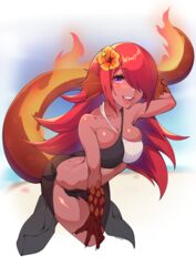  :d arm_behind_head artist_name bare_shoulders bikini breasts caleana cleavage collarbone colored_skin commentary commission cropped_legs english_commentary female fiery_tail fins flower hair_flower hair_ornament hair_over_one_eye hand_on_own_knee head_fins highres large_breasts leaning_forward lizard_tail long_hair looking_at_viewer monster_girl monster_girl_encyclopedia open_mouth purple_eyes red_hair red_skin salamander_(monster_girl_encyclopedia) sarong scales smile solo swimsuit tail 