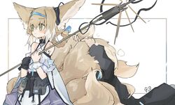  1other animal_ears arknights belt belt_pouch black_gloves blush braided_hair_rings breasts cloak closed_mouth commentary cowboy_shot doctor_(arknights) dress earpiece female fox_ears fox_tail gloves green_eyes hair_between_eyes hair_rings hairband highres holding holding_another&#039;s_tail holding_staff hugging_another&#039;s_tail hugging_tail infection_monitor_(arknights) light_brown_hair material_growth medium_hair mikozin multicolored_hair multiple_tails oripathy_lesion_(arknights) pouch simple_background single_glove small_breasts staff suzuran_(arknights) sweat sweatdrop tail tail_on_face two-tone_hair white_background white_cloak white_dress white_hair wrist_cuffs 