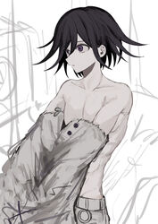  1boy absurdres black_hair buttons collarbone cowboy_shot danganronpa_(series) danganronpa_v3:_killing_harmony flipped_hair grey_jacket grey_pants highres jacket long_sleeves male_focus no_scarf oma_kokichi pants purple_eyes short_hair solo torn_clothes torn_jacket undressing wa_noko white_background 