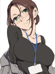  black_sweater blush breasts brown_hair closed_mouth collarbone earrings female glasses green_eyes grey_jacket hair_between_eyes hair_bun_girl_(nagioka) head_tilt id_card jacket jewelry lanyard large_breasts mole mole_under_mouth nagioka office_lady original parted_bangs sidelocks solo sweater white_background 