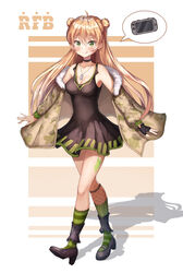  absurdres ahoge bare_shoulders black_choker black_dress black_footwear black_gloves blush breasts brown_hair camouflage camouflage_jacket choker cleavage collarbone commentary_request dog_tags double_bun dress female fingerless_gloves fur_trim girls&#039;_frontline gloves green_eyes hair_between_eyes hair_bun haneiro highres jacket jewelry kneehighs long_hair looking_at_viewer necklace nintendo_switch off_shoulder photoshop_(medium) rfb_(girls&#039;_frontline) shoes short_dress single_glove sleeveless smile socks solo striped_clothes striped_socks tongue tongue_out vertical-striped_clothes vertical-striped_socks 