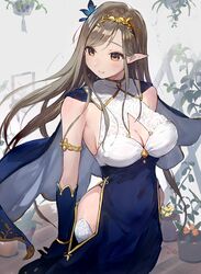  blue_cape blue_dress blue_gloves blush breasts cape cleavage clothing_cutout dress elf female gloves green_hair highres large_breasts long_hair looking_to_the_side original plant pointy_ears potted_plant side_cutout smile solo takeashiro tiara very_long_hair vines 