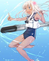  black_one-piece_swimsuit black_sailor_collar blonde_hair blue_eyes commentary_request crop_top female flower hair_flower hair_ornament kantai_collection long_hair one-piece_swimsuit one-piece_tan pointing ro-500_(kancolle) sailor_collar school_swimsuit smile solo swimsuit swimsuit_under_clothes tan tanlines torpedo tsukimura_(d24f4z8j3t) twitter_username underwater 