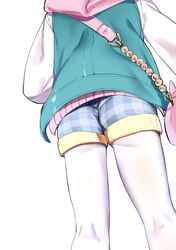  akagi_miria ass bag casual commentary djheycha female handbag head_out_of_frame highres hood hoodie idolmaster idolmaster_cinderella_girls kneepits pantyhose pantyhose_under_shorts plaid plaid_shorts short_shorts shorts simple_background solo white_background 