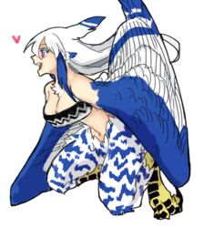  animal_ears black_tube_top blue_feathers blue_hair blue_wings breasts commentary feather_hair feathers female harpy heart highres large_breasts long_hair monster_girl multicolored_hair navel open_mouth original pink_eyes simple_background solo strapless talons tube_top two-tone_hair two-tone_wings urotori urotori&#039;s_unnamed_harpy white_background white_feathers white_hair winged_arms wings 