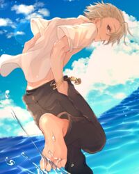  1boy ahoge aladdin_(sinoalice) bad_id bad_pixiv_id barefoot blonde_hair blue_eyes bracelet cloud fuyaketa_konbu hands_in_pockets highres jewelry looking_at_viewer male_focus open_clothes open_shirt outdoors short_hair shorts sinoalice sky smile solo splashing summer toes wading wet 