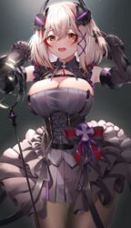  azur_lane bare_shoulders black_dress black_gloves blonde_hair blush breasts brown_eyes cleavage covered_nipples detached_sleeves dress female gloves hair_between_eyes hands_in_hair hands_up highres large_breasts looking_at_viewer microphone_stand multicolored_hair open_mouth pantyhose red_hair roon_(azur_lane) roon_(muse)_(azur_lane) sg_(satoumogumogu) short_hair smile solo standing streaked_hair 